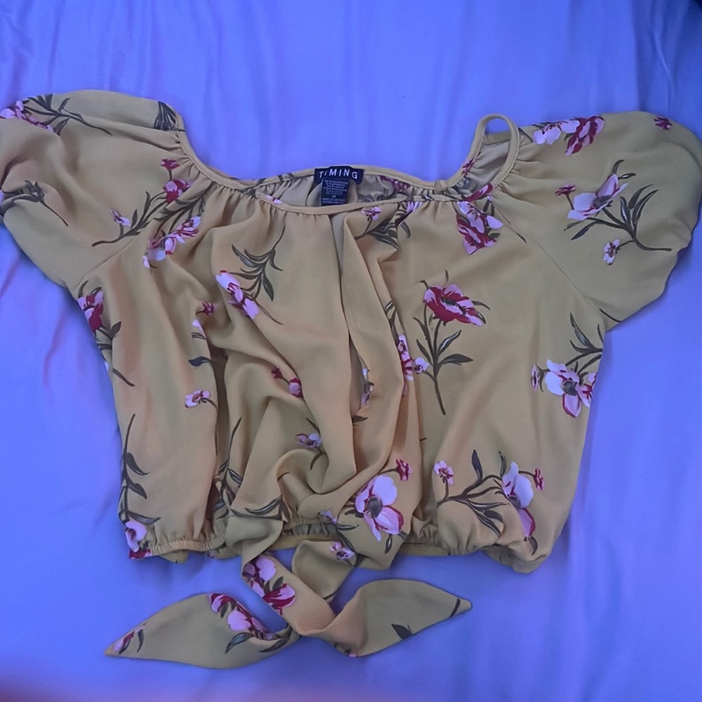 Bright Yellow Floral Blouse with Pink and Red Flowers, Size M Kids